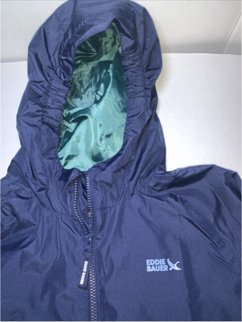 Eddie Bauer Kids Hooded Windbreaker Jacket Navy Blue, Green Inside Size L 14/16 - Picture 2 of 16